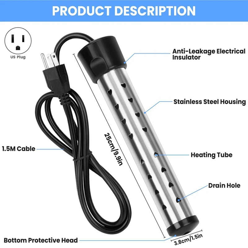 2X Immersion Water Heater, 1500W Bucket Heater With 304 Stainless Steel Guard, Heats Electric Water Heater Us Plug
2X Immersion Water Heater, 1500W Bucket Heater With 304 Stainless Steel Guard, Heats Electric Water Heater Us Plug
