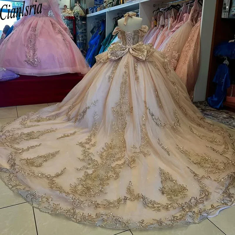 Champagne Off The Shoulder Ball Gown Quinceanera Dresses For Girls Beaded Appliques Birthday Party Gowns Lace Up Back Customized
Champagne Off The Shoulder Ball Gown Quinceanera Dresses For Girls Beaded Appliques Birthday Party Gowns Lace Up Back Customized