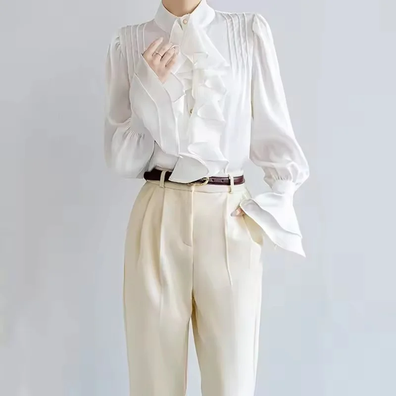 Solid Color Ruffles Long Sleeve Shirts Women Spring Summer New Vintage Elegant Patchwork Stand Collar Flare Sleeve Pleated Blous
Solid Color Ruffles Long Sleeve Shirts Women Spring Summer New Vintage Elegant Patchwork Stand Collar Flare Sleeve Pleated Blous
