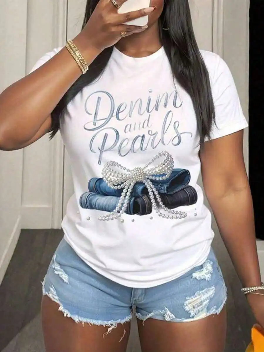 Womens T-Shirt With Bow And Pearl Embellishment, Summer Beach Style Casual Tee
Womens T-Shirt With Bow And Pearl Embellishment, Summer Beach Style Casual Tee