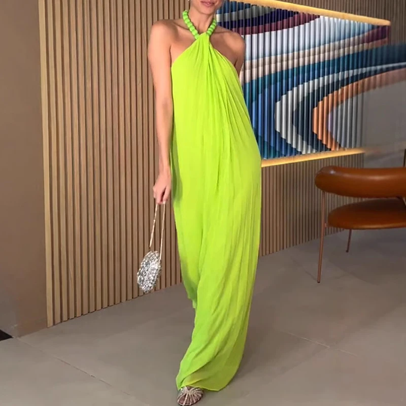 Women Summer Solid Color Halter Dress Luxury 2025 One Piece Sleeveless Party Dress Simple Elegant Folds Night Club Evening Dress
Women Summer Solid Color Halter Dress Luxury 2025 One Piece Sleeveless Party Dress Simple Elegant Folds Night Club Evening Dress