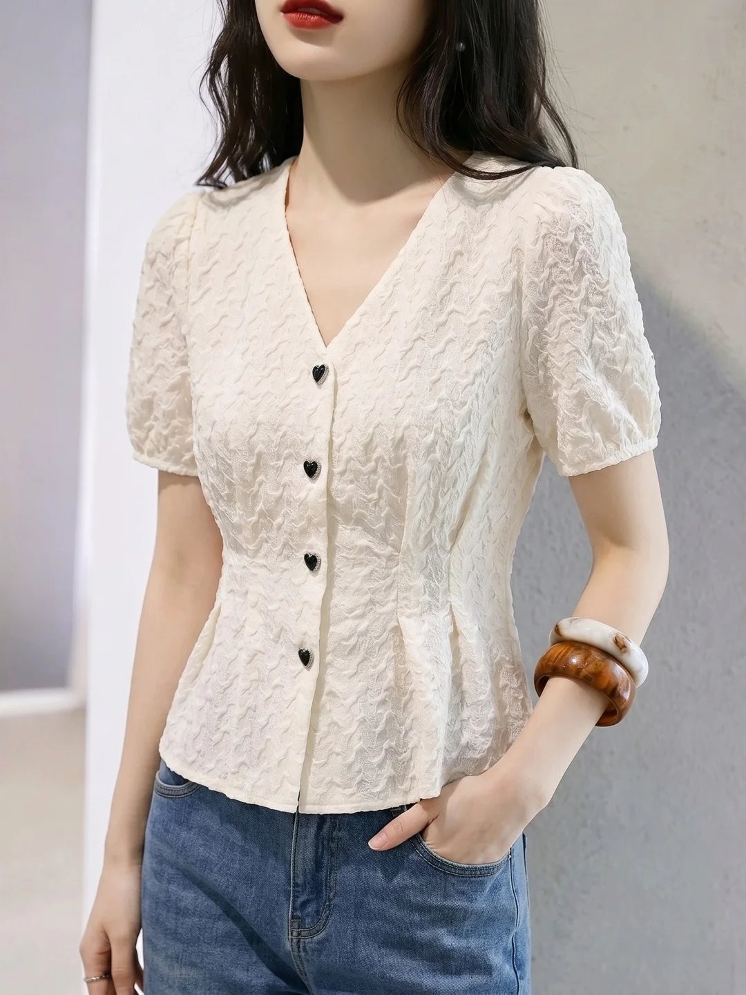 Business Casual V-Neck Single Button Shirt Short Sleeve Waist-Cinching Design Women's Top Korean Style Straight Cut Silk
Business Casual V-Neck Single Button Shirt Short Sleeve Waist-Cinching Design Women's Top Korean Style Straight Cut Silk