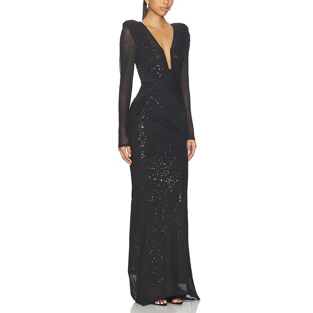 Elegant Black Evening Dress V-neck Long Sleeves Floor Length Prom Gown Fashion Sequin Mermaid Party Dress Customized
Elegant Black Evening Dress V-neck Long Sleeves Floor Length Prom Gown Fashion Sequin Mermaid Party Dress Customized