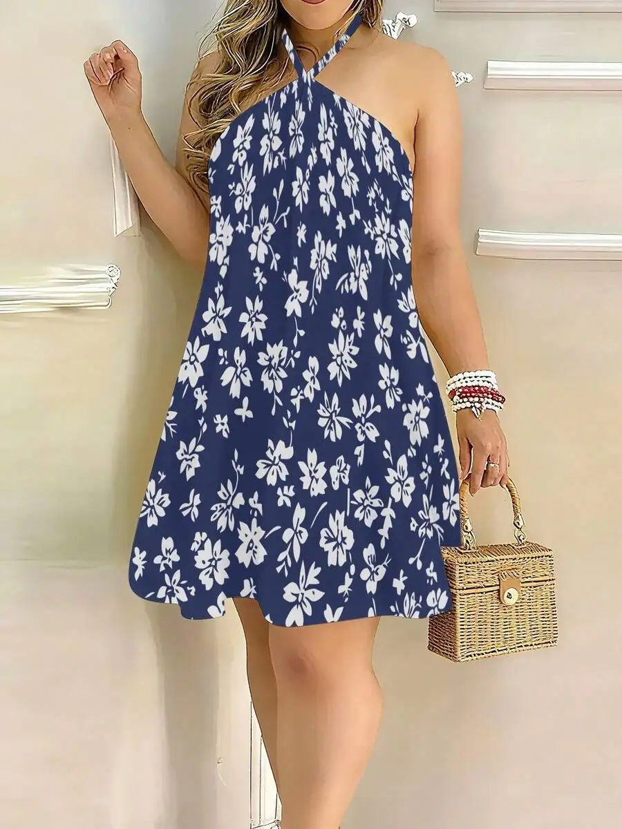 Womens Halter Neck Backless Floral Print Dress Blue White Casual Loose Knit Summer Vacation Dress
Womens Halter Neck Backless Floral Print Dress Blue White Casual Loose Knit Summer Vacation Dress