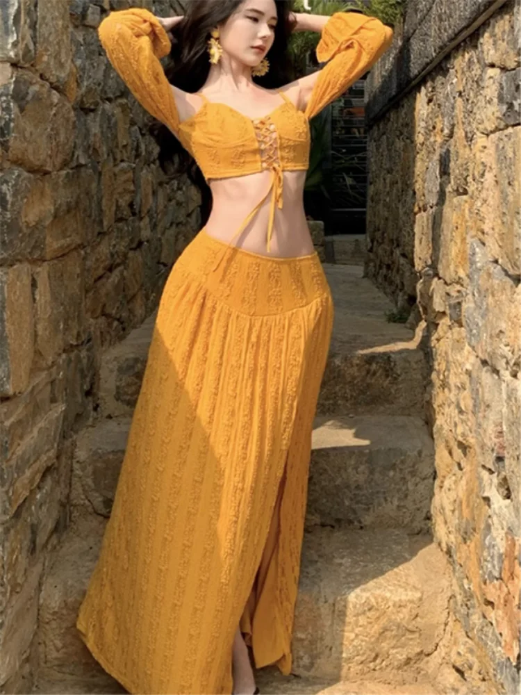 Summer Vacation Bohemia Yellow 2 Pieces Sets Sexy Hollow Out Lace Up Short Vest Camis Top&High Split Long Skirt Maxi Dress Suits
Summer Vacation Bohemia Yellow 2 Pieces Sets Sexy Hollow Out Lace Up Short Vest Camis Top&High Split Long Skirt Maxi Dress Suits