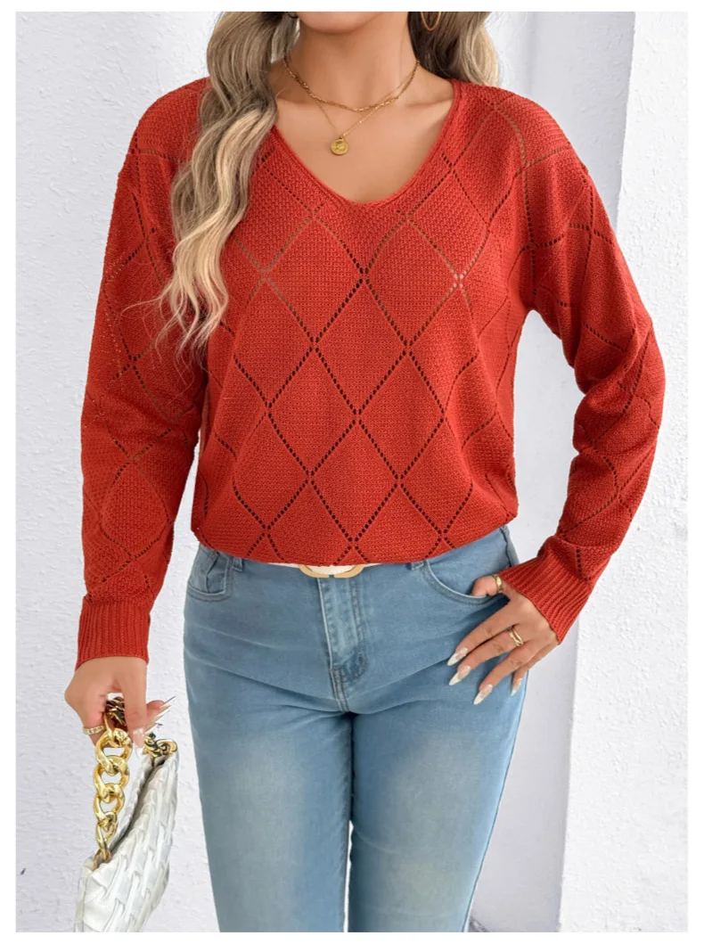 Fashion Knitwear New European and American Sweater Solid Color V-neck Sexy Hollow Grid Long Sleeve
Fashion Knitwear New European and American Sweater Solid Color V-neck Sexy Hollow Grid Long Sleeve