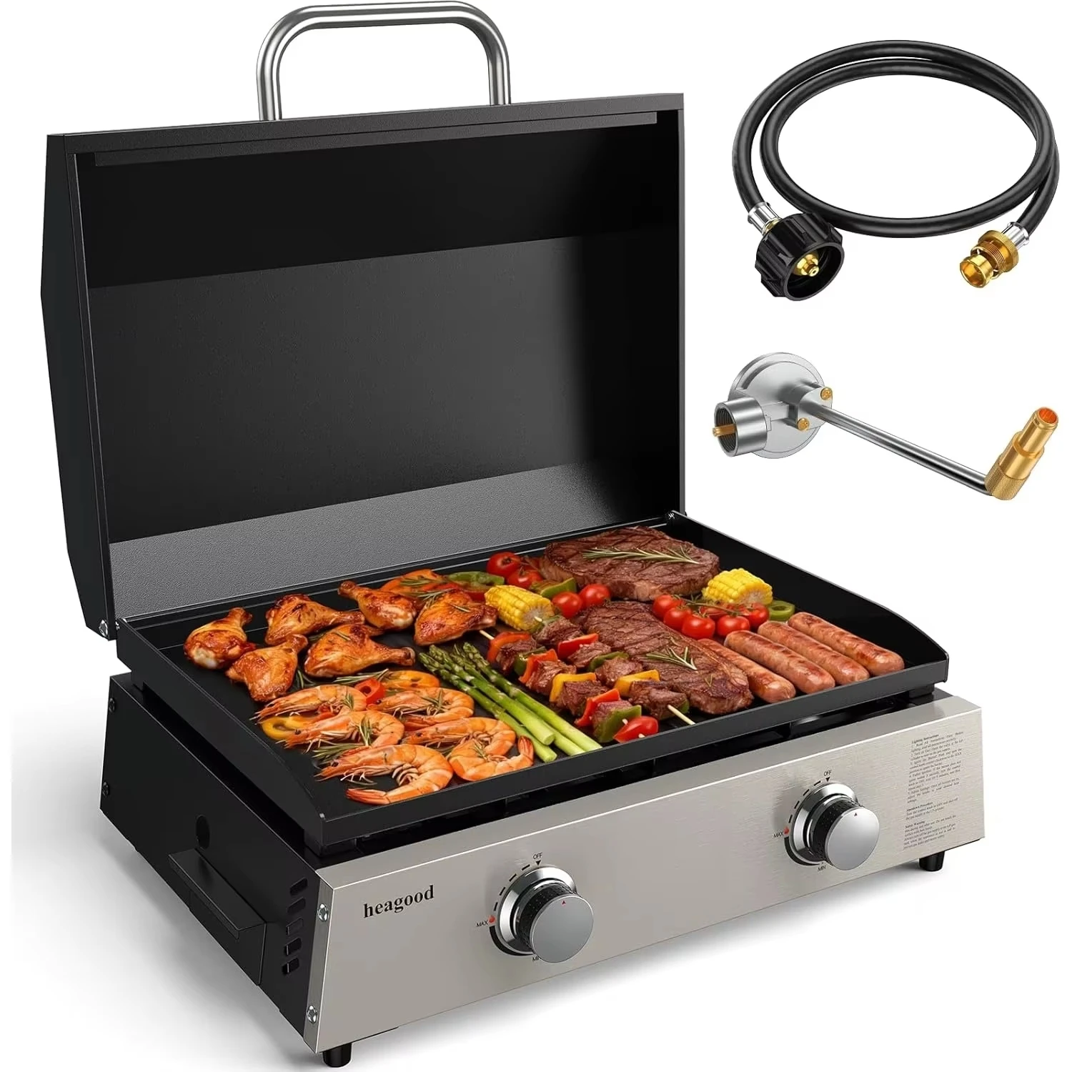 Flat Top Gill, Outdoor Griddle 22” Tabletop Gas Griddle with Hood for Outdoor Camping (24000 BTU, 2 Burner, Carbon Steel Plate)
Flat Top Gill, Outdoor Griddle 22” Tabletop Gas Griddle with Hood for Outdoor Camping (24000 BTU, 2 Burner, Carbon Steel Plate)