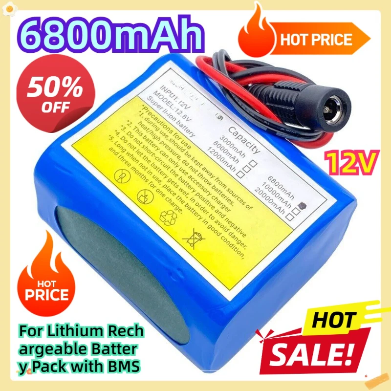 For 12V 6800mah Lithium 6.8Ah Rechargeable Battery Pack with BMS
For 12V 6800mah Lithium 6.8Ah Rechargeable Battery Pack with BMS