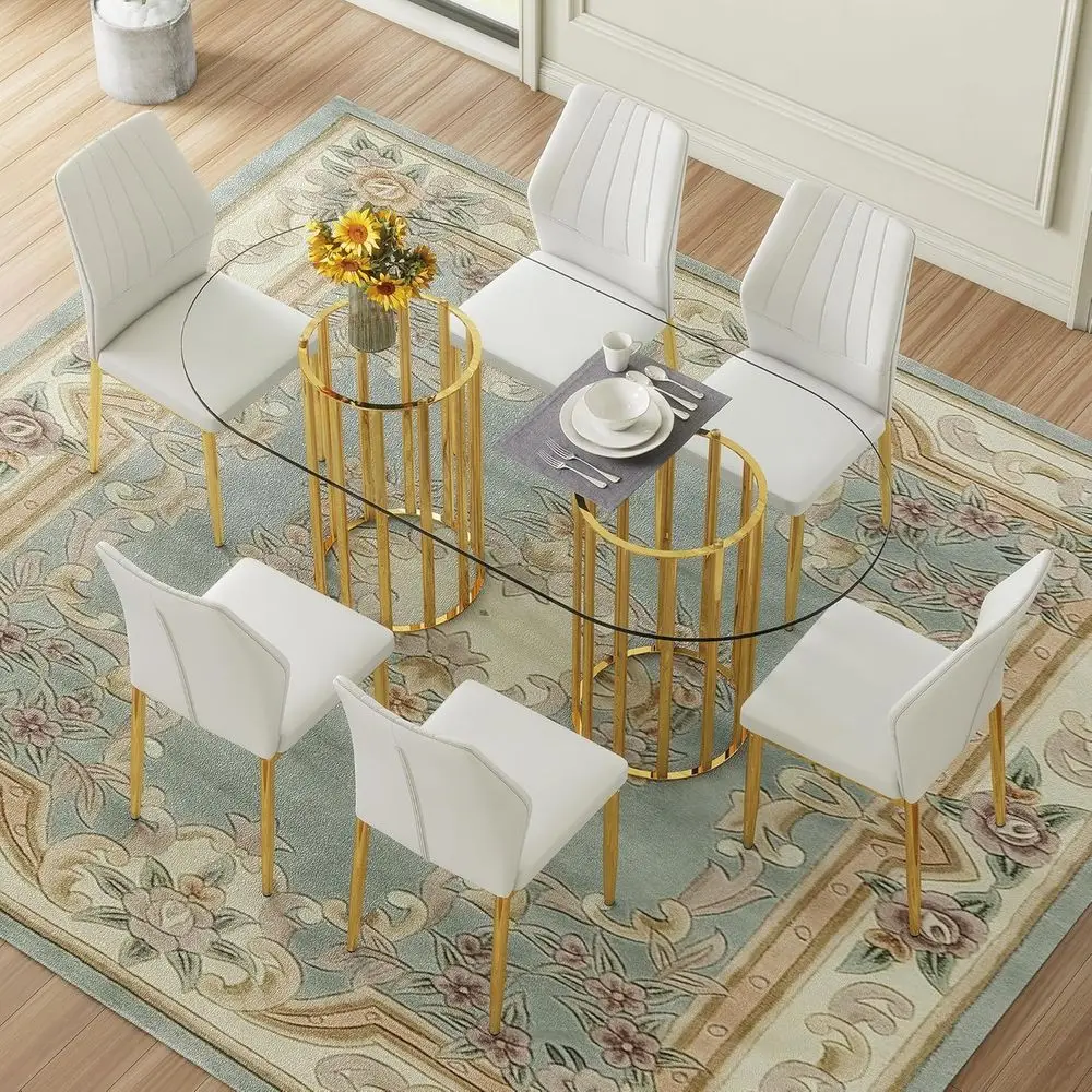71 Oval Glass Dining Table Set for 6 with PU Chairs, Gold Metal Legs, Modern Kitchen Table, Gold & White
71 Oval Glass Dining Table Set for 6 with PU Chairs, Gold Metal Legs, Modern Kitchen Table, Gold & White