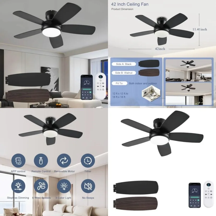Ceiling Fan with Light and Remote/App Control, Low Profile Ceiling Fans with Lights, Flush Mount, Double-sided Blades, 3CCT, Di
Ceiling Fan with Light and Remote/App Control, Low Profile Ceiling Fans with Lights, Flush Mount, Double-sided Blades, 3CCT, Di