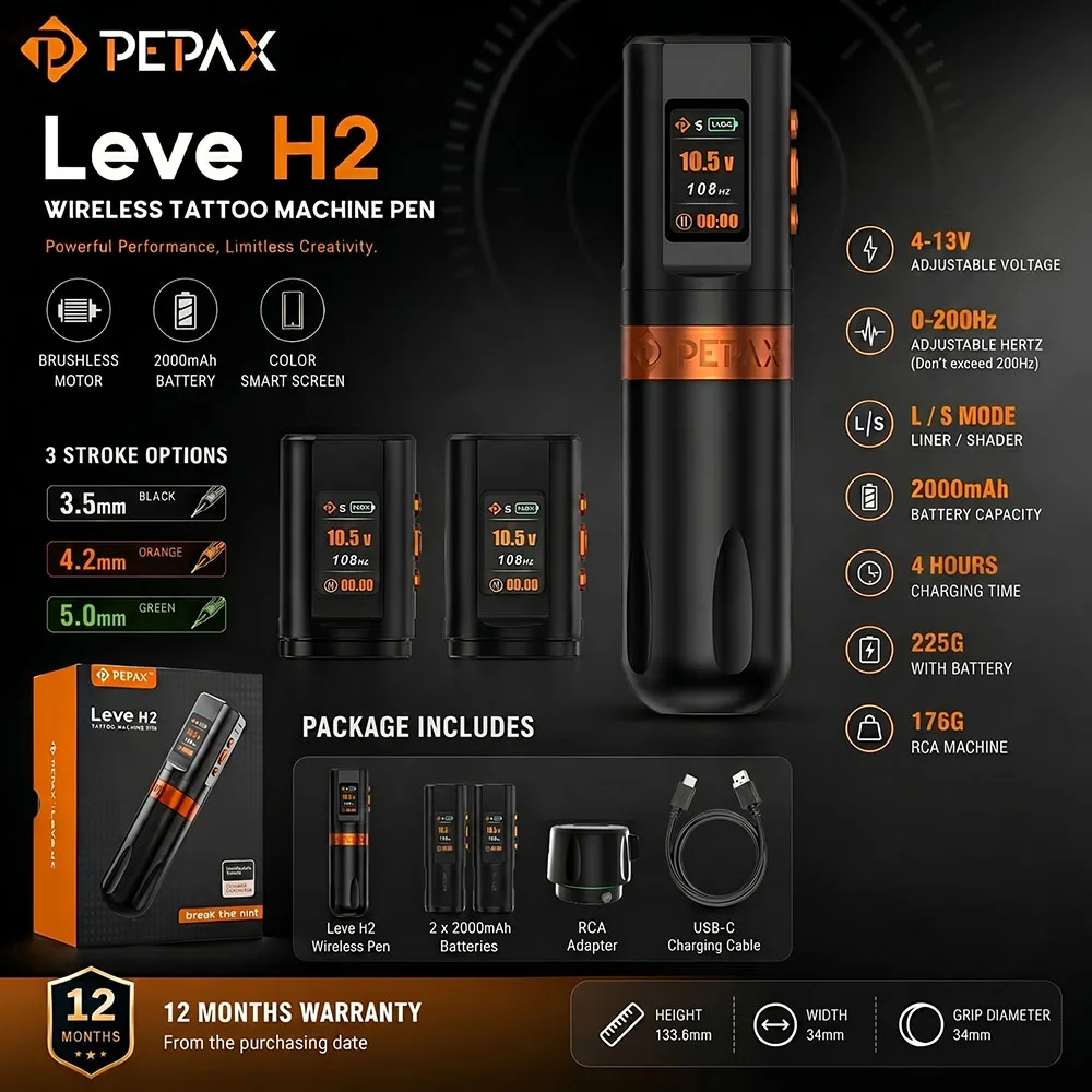 PEPAX Leve H2 Wireless Tattoo Machine Pen Brushless Motor 2 Battery Color Screen 3 Stroke Option Liner Shader Tattoo Machine Gun
PEPAX Leve H2 Wireless Tattoo Machine Pen Brushless Motor 2 Battery Color Screen 3 Stroke Option Liner Shader Tattoo Machine Gun