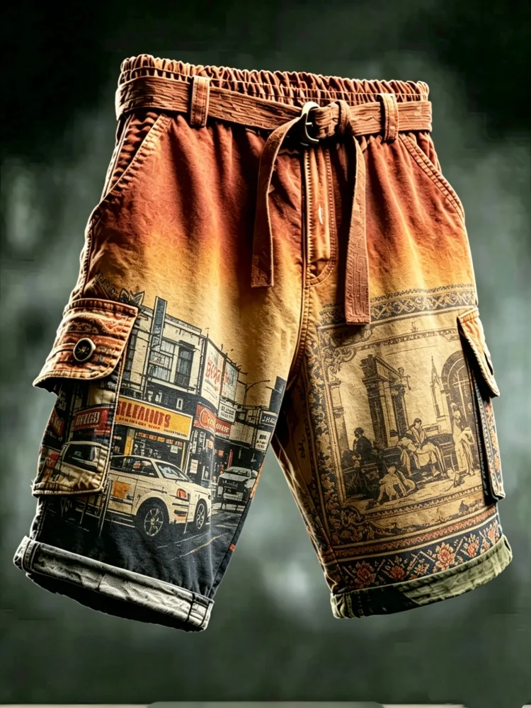 Mens Retro Cargo Shorts Artistic Street Scene Print Gradient Color Loose Fit Baggy Denim Shorts with Belt
Mens Retro Cargo Shorts Artistic Street Scene Print Gradient Color Loose Fit Baggy Denim Shorts with Belt