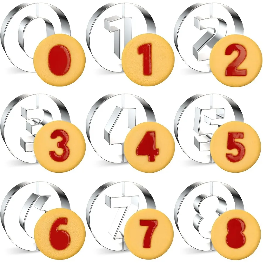 10 шт., набор формочек для печенья с цифрами, номерами на день рождения, 08, 6 отсчетов до 9 и круглых формочек для печенья из нержавеющей стали для выпечки чипа