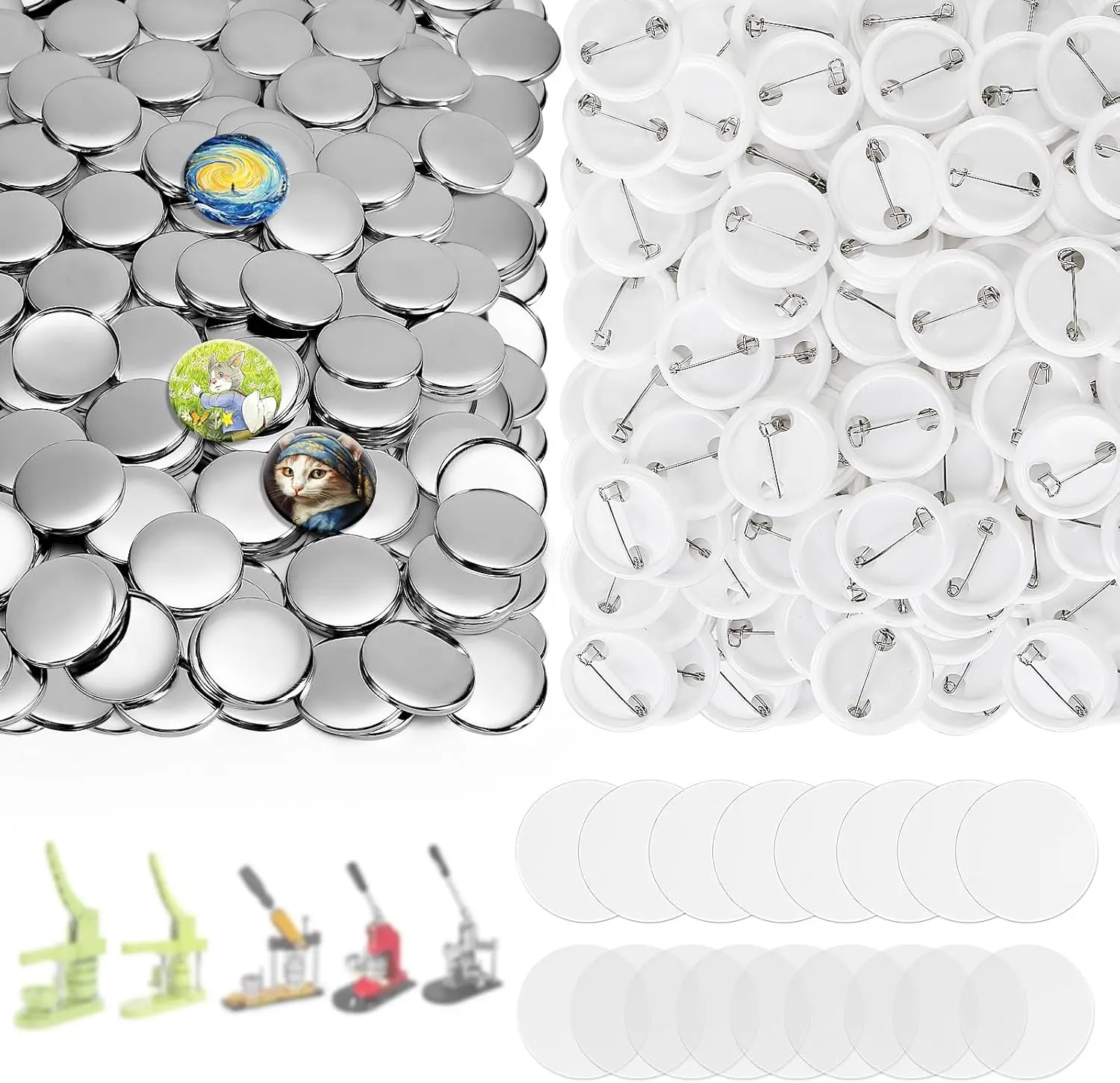 200 Sets 1.25 Inch Button Making Supplies - 32mm Round Badge Parts with Metal Covers, Plastic Pin Backs, Clear Film & Paper
200 Sets 1.25 Inch Button Making Supplies - 32mm Round Badge Parts with Metal Covers, Plastic Pin Backs, Clear Film & Paper