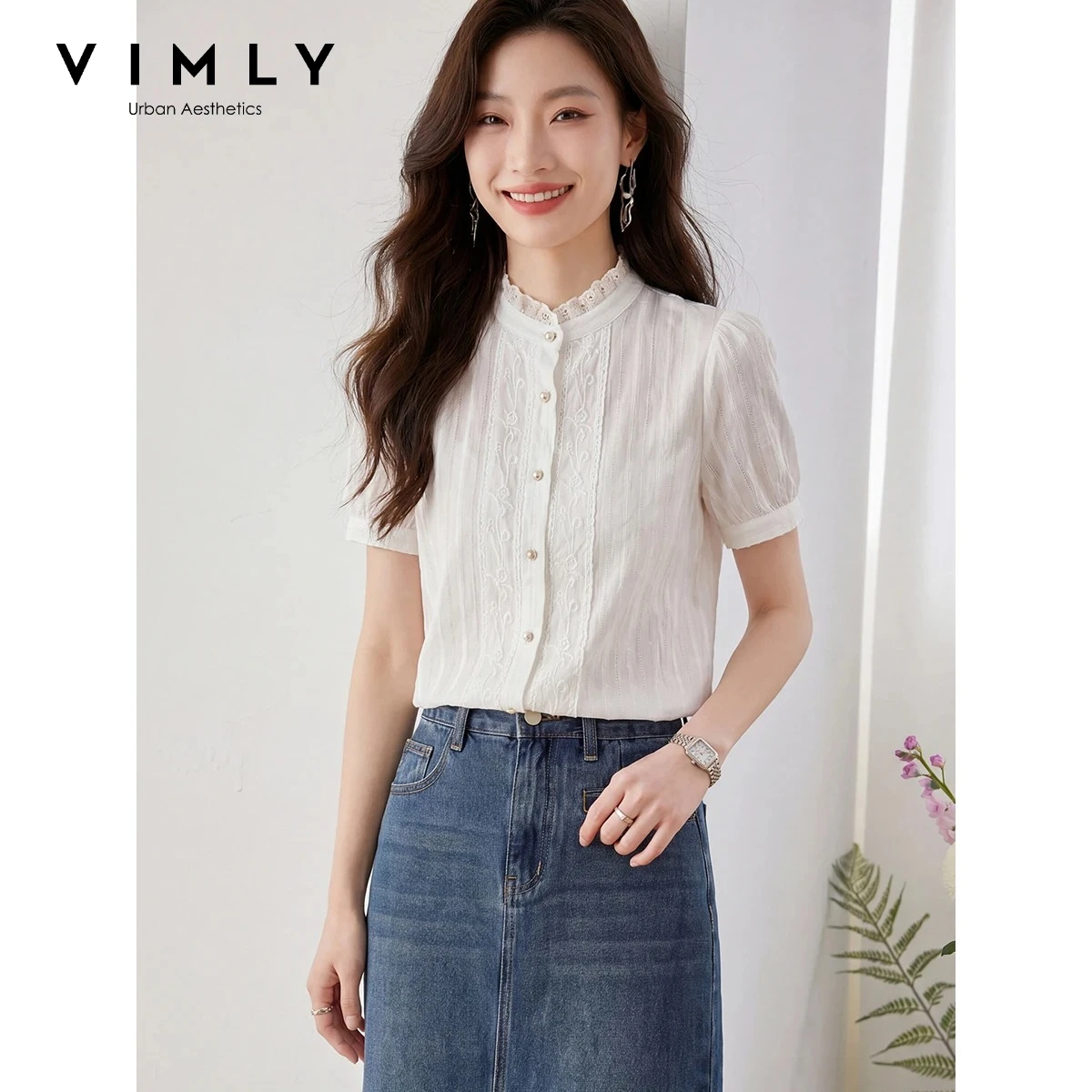 VIMLY Women Cotton White Shirt French Elegant Summer 2026 New Ruffle Stand Up Collar Bubble Short Sleeve Simple Shirt A6893
VIMLY Women Cotton White Shirt French Elegant Summer 2026 New Ruffle Stand Up Collar Bubble Short Sleeve Simple Shirt A6893
