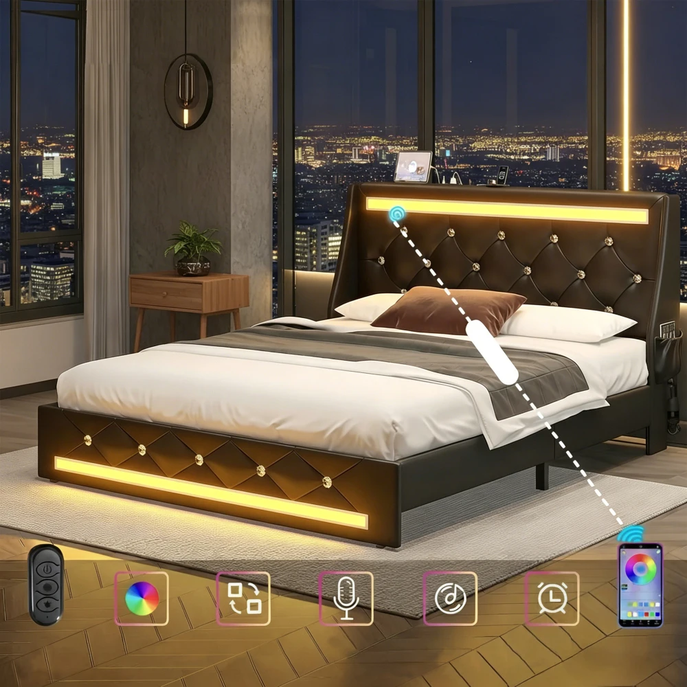 Queen Size Upholstered Bed Frame: LED Lights, Charging, Diamond Headboard, No Box Spring Black
Queen Size Upholstered Bed Frame: LED Lights, Charging, Diamond Headboard, No Box Spring Black