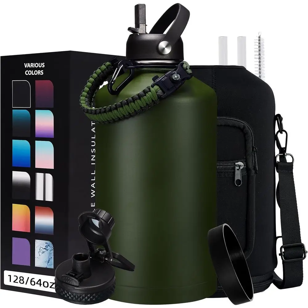 1 Gallon Insulated Water Bottle with Strap, Stainless Steel, Leak-Proof, Keeps Cold 48h/Hot 24h, Paracord Handle, Carrier Bag
1 Gallon Insulated Water Bottle with Strap, Stainless Steel, Leak-Proof, Keeps Cold 48h/Hot 24h, Paracord Handle, Carrier Bag