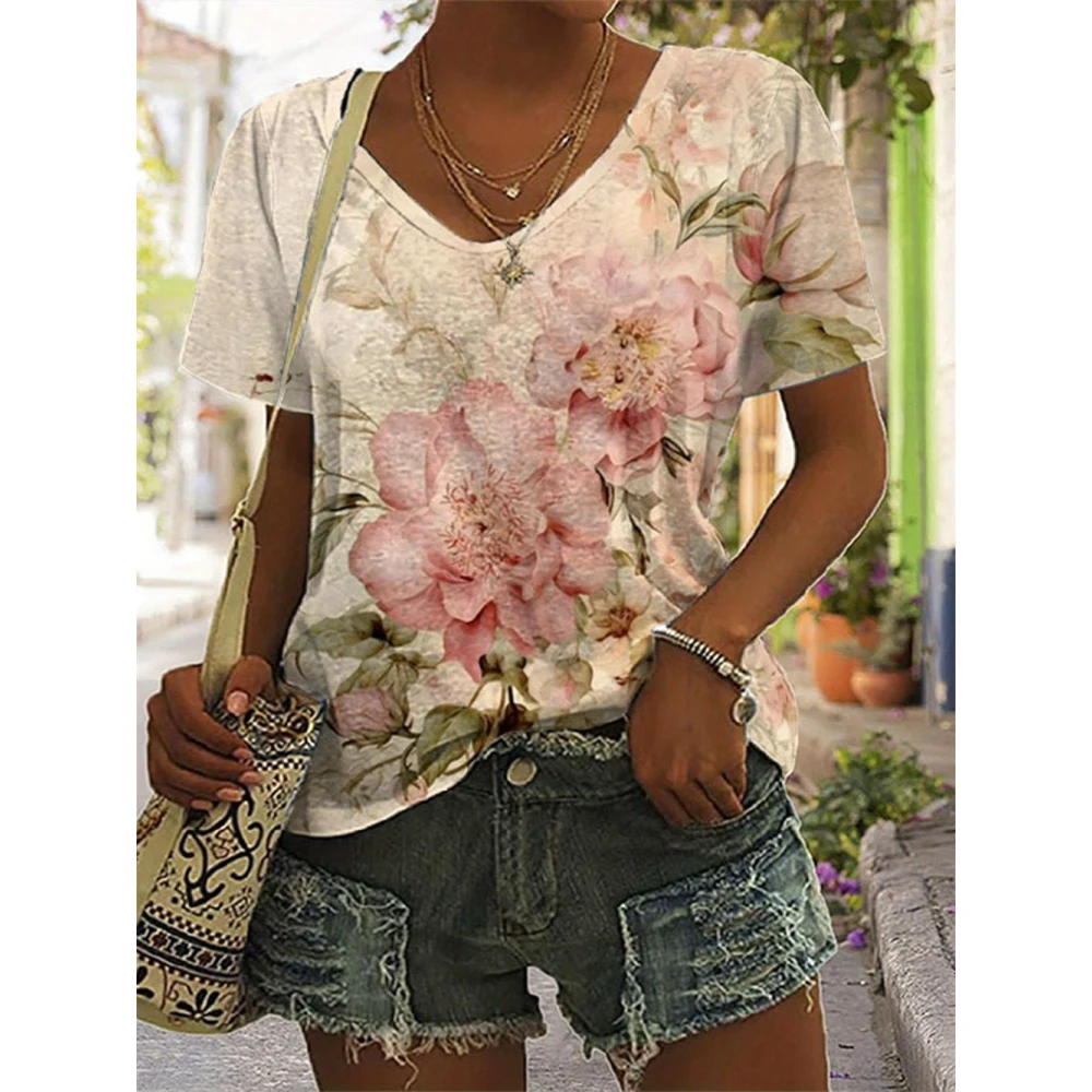 Summer Women's T Shirt Flower Print Casual Short Sleeve 3D T Shirts Fashion Streetwear V Neck Pullover Oversized Female Clothing
Summer Women's T Shirt Flower Print Casual Short Sleeve 3D T Shirts Fashion Streetwear V Neck Pullover Oversized Female Clothing