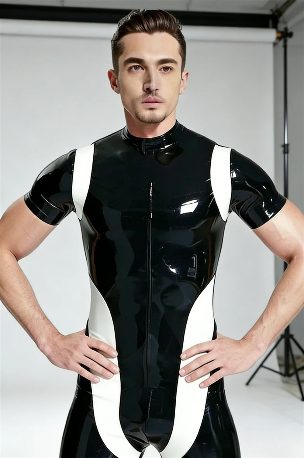 Latex Bodysuit Turtleneck Short Sleeve Color Block Design Rubber Catsuit Stage Handmade Wear
Latex Bodysuit Turtleneck Short Sleeve Color Block Design Rubber Catsuit Stage Handmade Wear