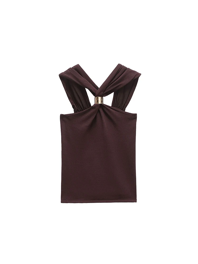 European and American style spring new products women's clothing gold inlaid wide shoulder strap halter neck knitted top
European and American style spring new products women's clothing gold inlaid wide shoulder strap halter neck knitted top