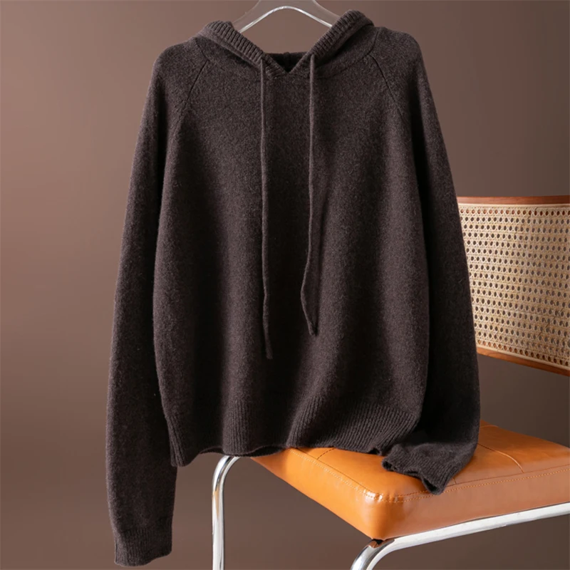 Женский свитер с капюшоном из 100% натуральной шерсти, темно-коричневый пуловер с капюшоном и длинными рукавами, теплый топ на осень-зиму M1462
Женский свитер с капюшоном из 100% натуральной шерсти, темно-коричневый пуловер с капюшоном и длинными рукавами, теплый топ на осень-зиму M1462