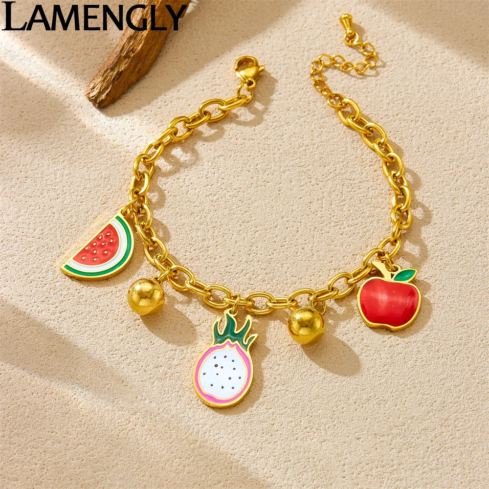 LAMENGLY 316L Stainless Steel Fresh Summer Watermelon Apple Pitaya Pendant Bracelet For Women New Trend Hand Chain Party Gifts
LAMENGLY 316L Stainless Steel Fresh Summer Watermelon Apple Pitaya Pendant Bracelet For Women New Trend Hand Chain Party Gifts