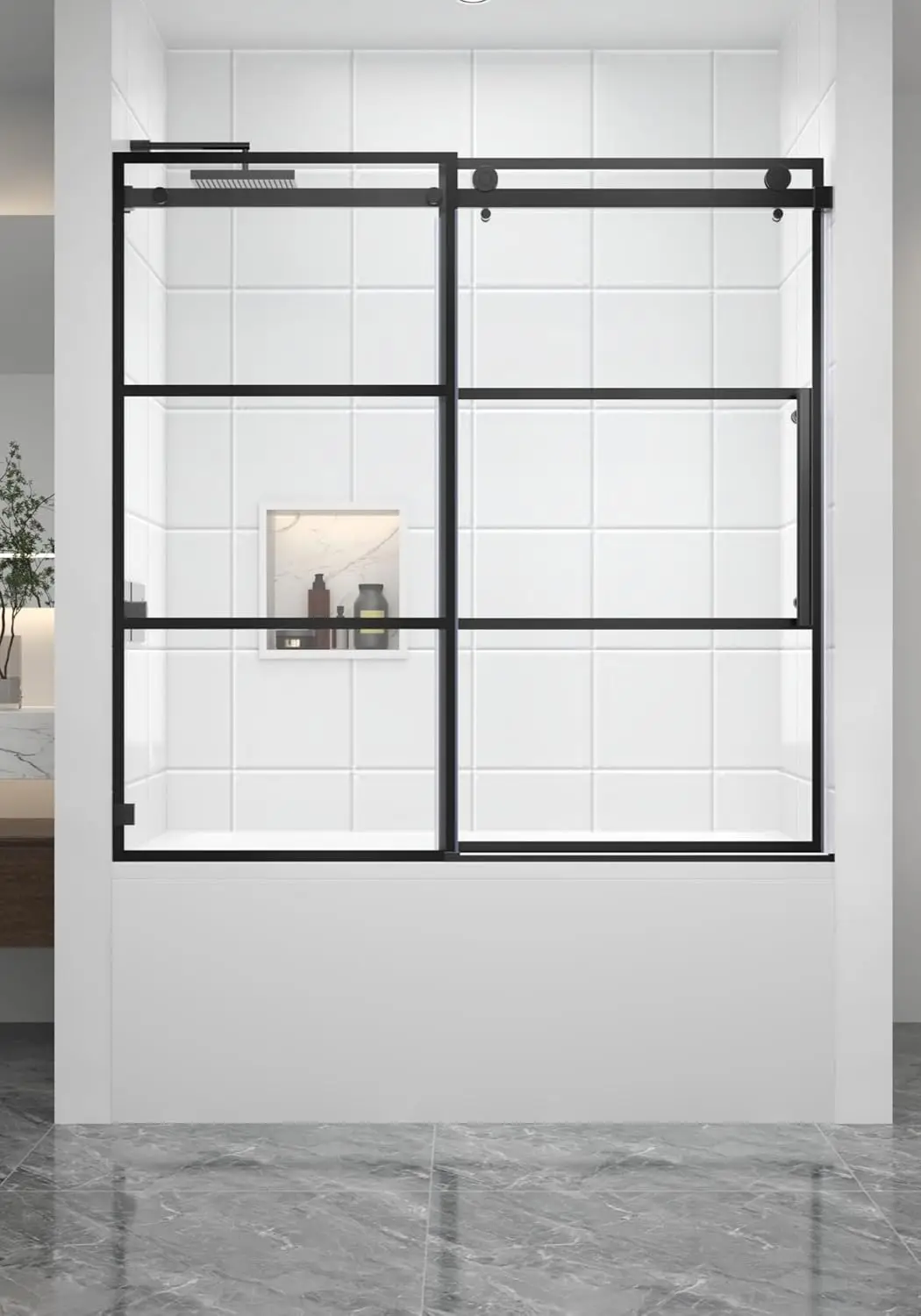 55-60" W x 59" H Frameless Bathtub Single Sliding Shower Door Tub Glass Shower Doors with 5/16" (8mm) Black Grid Pattern Ultra-C
55-60" W x 59" H Frameless Bathtub Single Sliding Shower Door Tub Glass Shower Doors with 5/16" (8mm) Black Grid Pattern Ultra-C