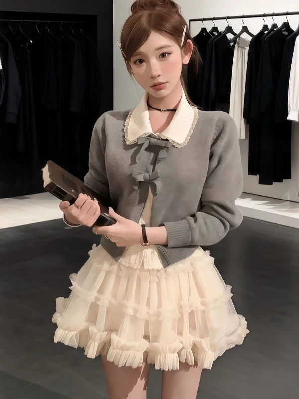 Korean Style College Wind Lace Knot Turn-down Collar Knitted Sweater Skirt Two-piece Set Women Autumn Fashion
Korean Style College Wind Lace Knot Turn-down Collar Knitted Sweater Skirt Two-piece Set Women Autumn Fashion