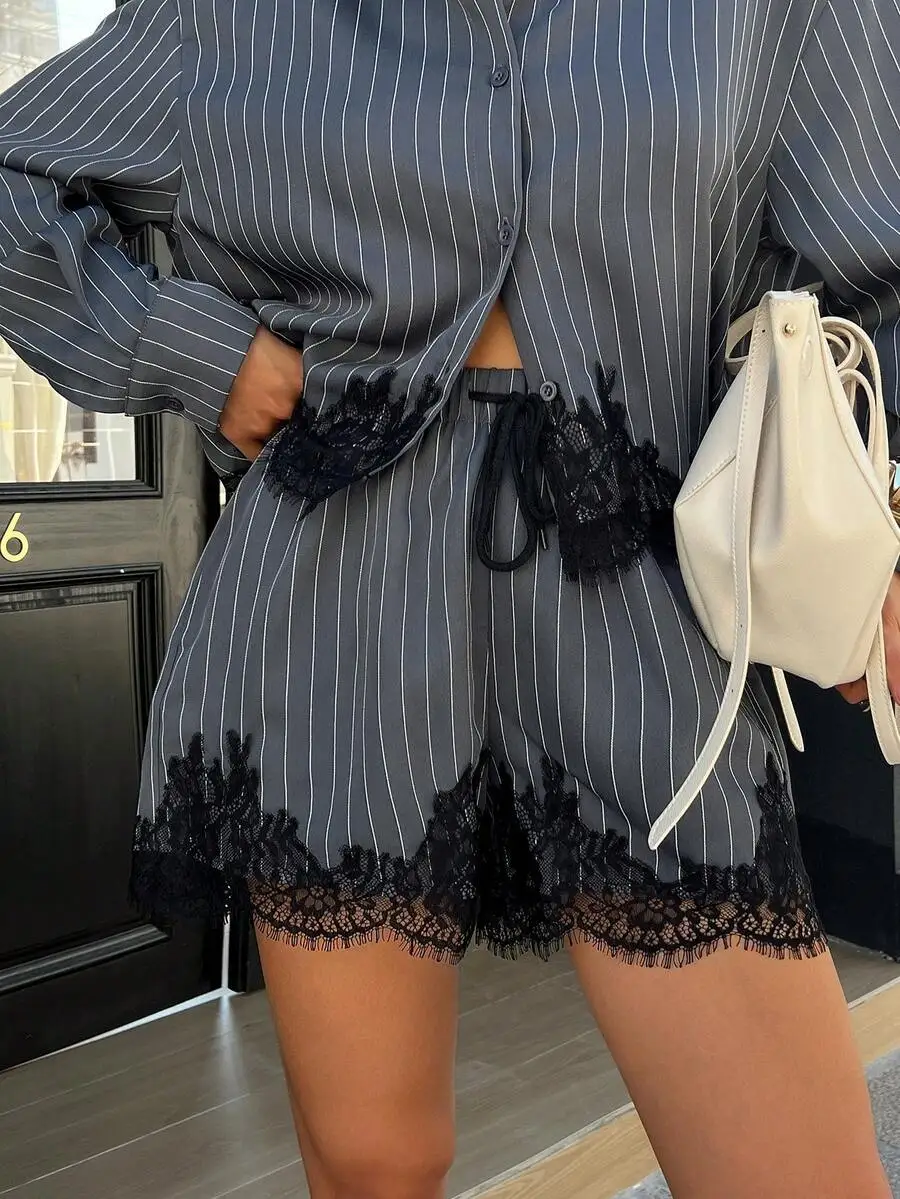 Gray Striped Lace Patchwork Shirt And Shorts Set Women Urban Casual Two Piece Outfit
Gray Striped Lace Patchwork Shirt And Shorts Set Women Urban Casual Two Piece Outfit