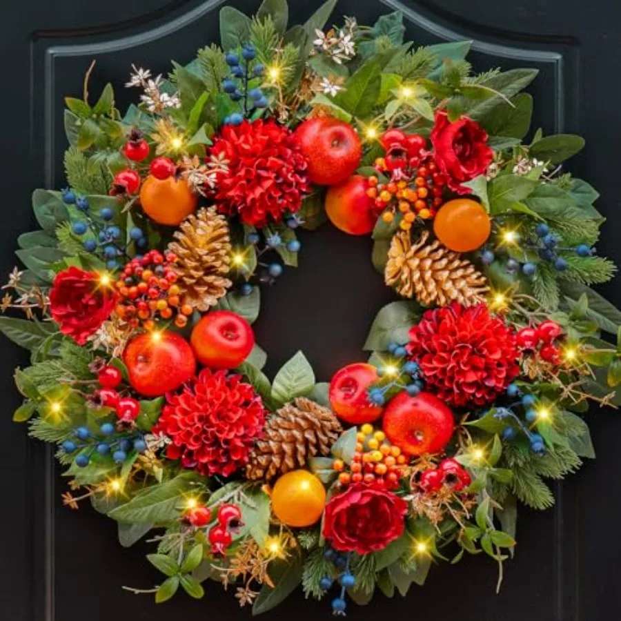 Christmas Wreaths for Front Door with Lights 24 Inch Christmas Wreath with Red Flowers Apples Oranges Pine Cones Berries and Gr
Christmas Wreaths for Front Door with Lights 24 Inch Christmas Wreath with Red Flowers Apples Oranges Pine Cones Berries and Gr