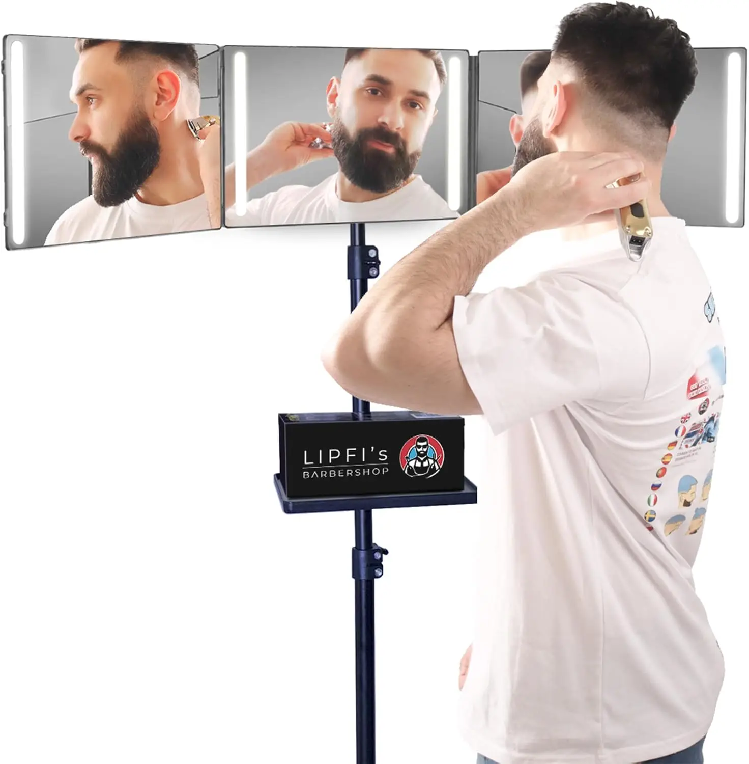 360° Mirror with Tripod, 3-Way Mirro for Self Hair Cutting, Includes Crystal-Clear Glass, 4 LEDs, USB
360° Mirror with Tripod, 3-Way Mirro for Self Hair Cutting, Includes Crystal-Clear Glass, 4 LEDs, USB