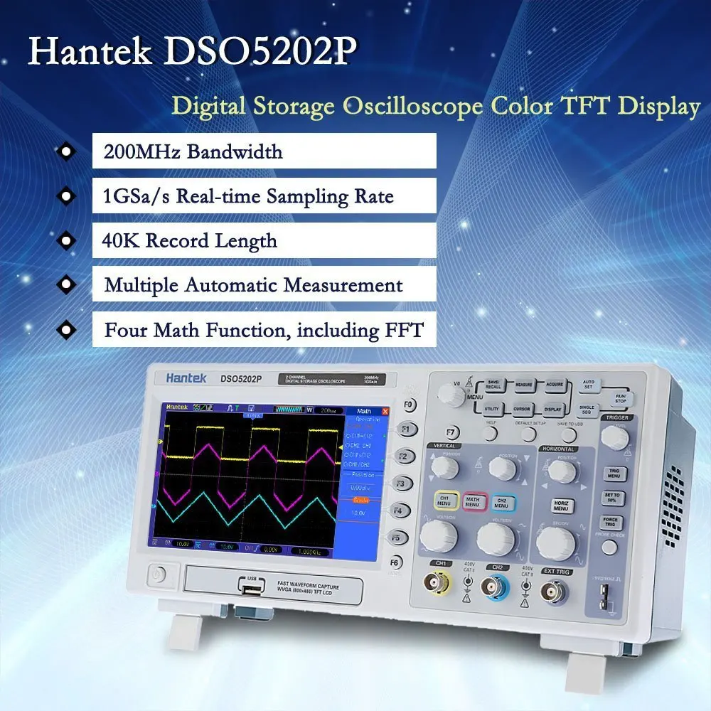 Hantek DSO5202P 200MHz 2 CH 1GSa/s Digital Storage Oscilloscope Economic USB LCD Portable Osciloscopio
Hantek DSO5202P 200MHz 2 CH 1GSa/s Digital Storage Oscilloscope Economic USB LCD Portable Osciloscopio
