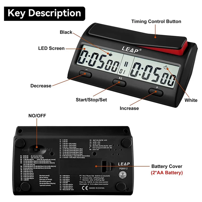 LEAP Chess Clock Advanced Digital Chess Timer with 7 Type 38 Timing Set Modes Professional Chess Clock Game Timer LYZ
LEAP Chess Clock Advanced Digital Chess Timer with 7 Type 38 Timing Set Modes Professional Chess Clock Game Timer LYZ