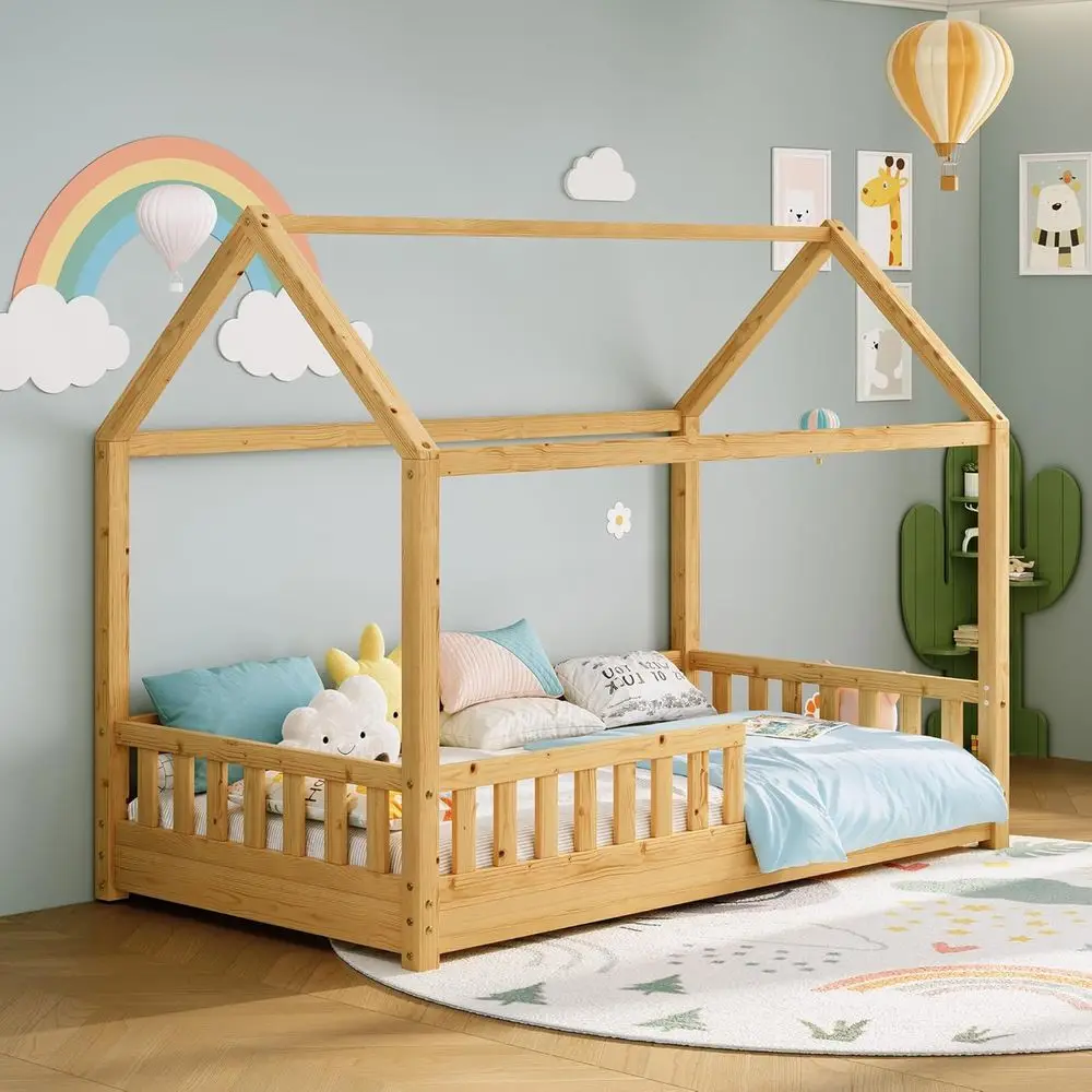 Twin Size Wooden Kids' Bed with Guardrails, Removable Rails, Playhouse Roof, Easy Assembly, Suitable for Toddlers, Natural Wood
Twin Size Wooden Kids' Bed with Guardrails, Removable Rails, Playhouse Roof, Easy Assembly, Suitable for Toddlers, Natural Wood