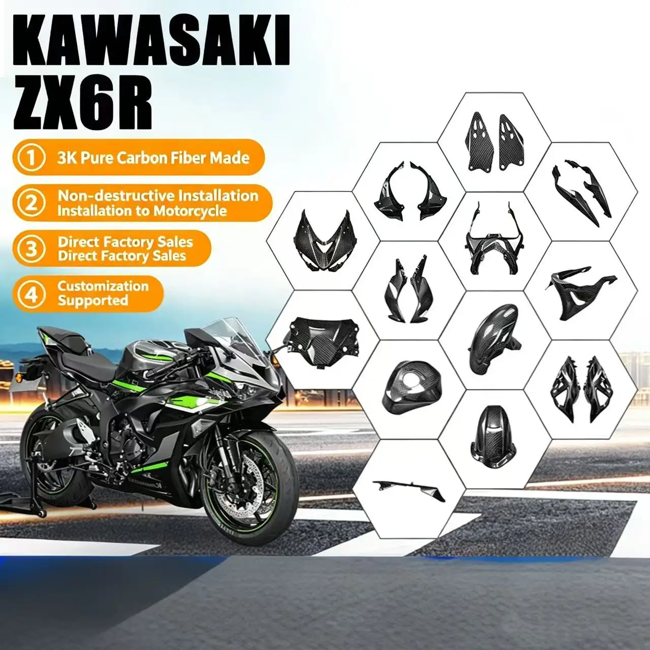 Suitable for Kawasaki ZX-6R carbon fiber modified outer shell, fuel tank cover, fender, diffuser, fairing and downforce wing
Suitable for Kawasaki ZX-6R carbon fiber modified outer shell, fuel tank cover, fender, diffuser, fairing and downforce wing