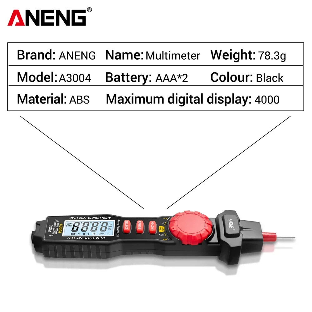 ANENG A3004 Digital Multimeter Pen 4000 Counts AC/DC Current Meter Electric Handheld Tester Voltage Resistance Profesional Tools
ANENG A3004 Digital Multimeter Pen 4000 Counts AC/DC Current Meter Electric Handheld Tester Voltage Resistance Profesional Tools