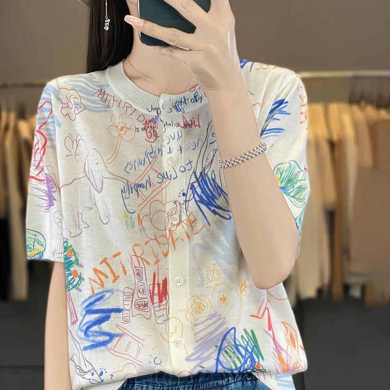 Summer new style spun wool knitted cardigan short sleeved women's casual printed fashionable sweater loose top T-shirt for women
Summer new style spun wool knitted cardigan short sleeved women's casual printed fashionable sweater loose top T-shirt for women