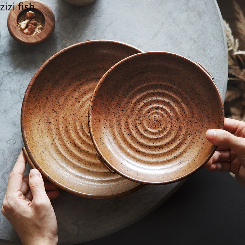 Винтажная грубая керамическая тарелка с двойным ухом, креативная тарелка для стейка, тарелка для салата, блюдо для суши, толстая тарелка для супа, молекулярная кухня, посуда