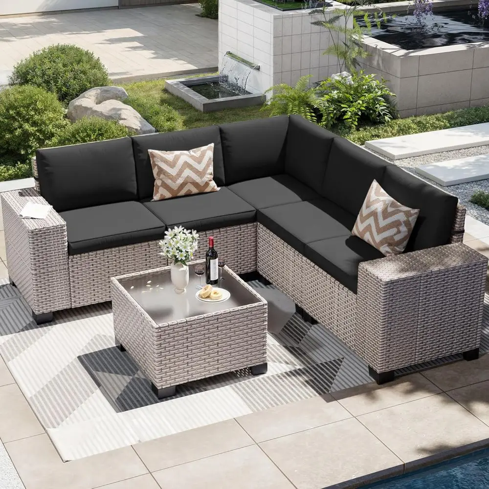 6-Piece Black Outdoor Patio Sectional Sofa Set with Glass Coffee Table and Cushions
6-Piece Black Outdoor Patio Sectional Sofa Set with Glass Coffee Table and Cushions