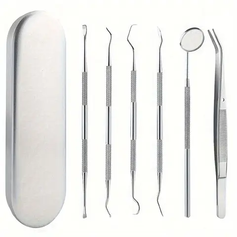 Kit de limpieza dental, incluida estuche, raspador de lengua, pinzas, raspadores, removedores de restos, herramientas para palillos de dientes, con mango antideslizante