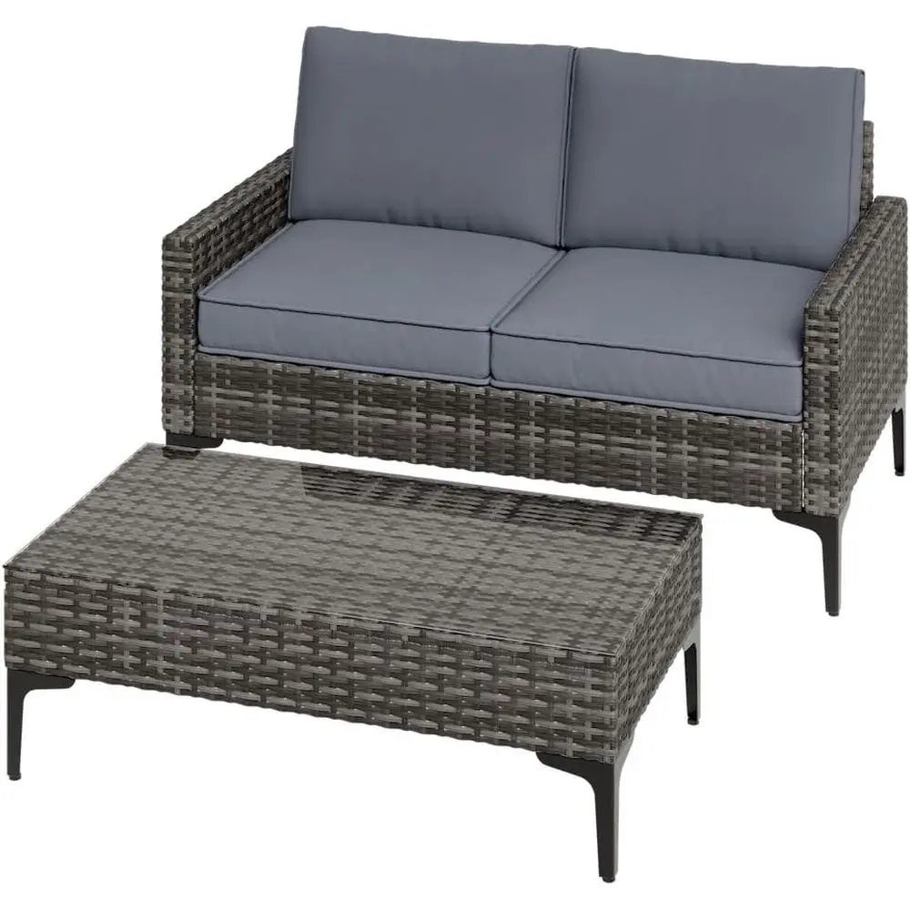 All-Weather Rattan Loveseat Set with Tempered Glass Table for Outdoor Spaces in Grey
All-Weather Rattan Loveseat Set with Tempered Glass Table for Outdoor Spaces in Grey