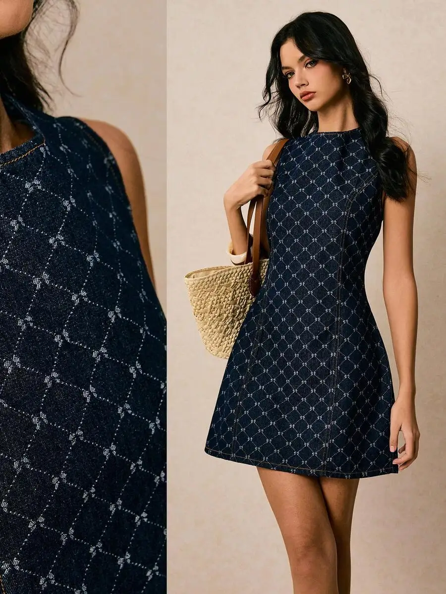 Sleeveless Denim A-Line Dress Dark Blue Jacquard Pattern Casual Mini Dress
Sleeveless Denim A-Line Dress Dark Blue Jacquard Pattern Casual Mini Dress