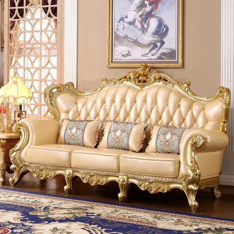 European sofa leather combination leather double-sided carved U-shaped solid wood French champagne gold 123
European sofa leather combination leather double-sided carved U-shaped solid wood French champagne gold 123