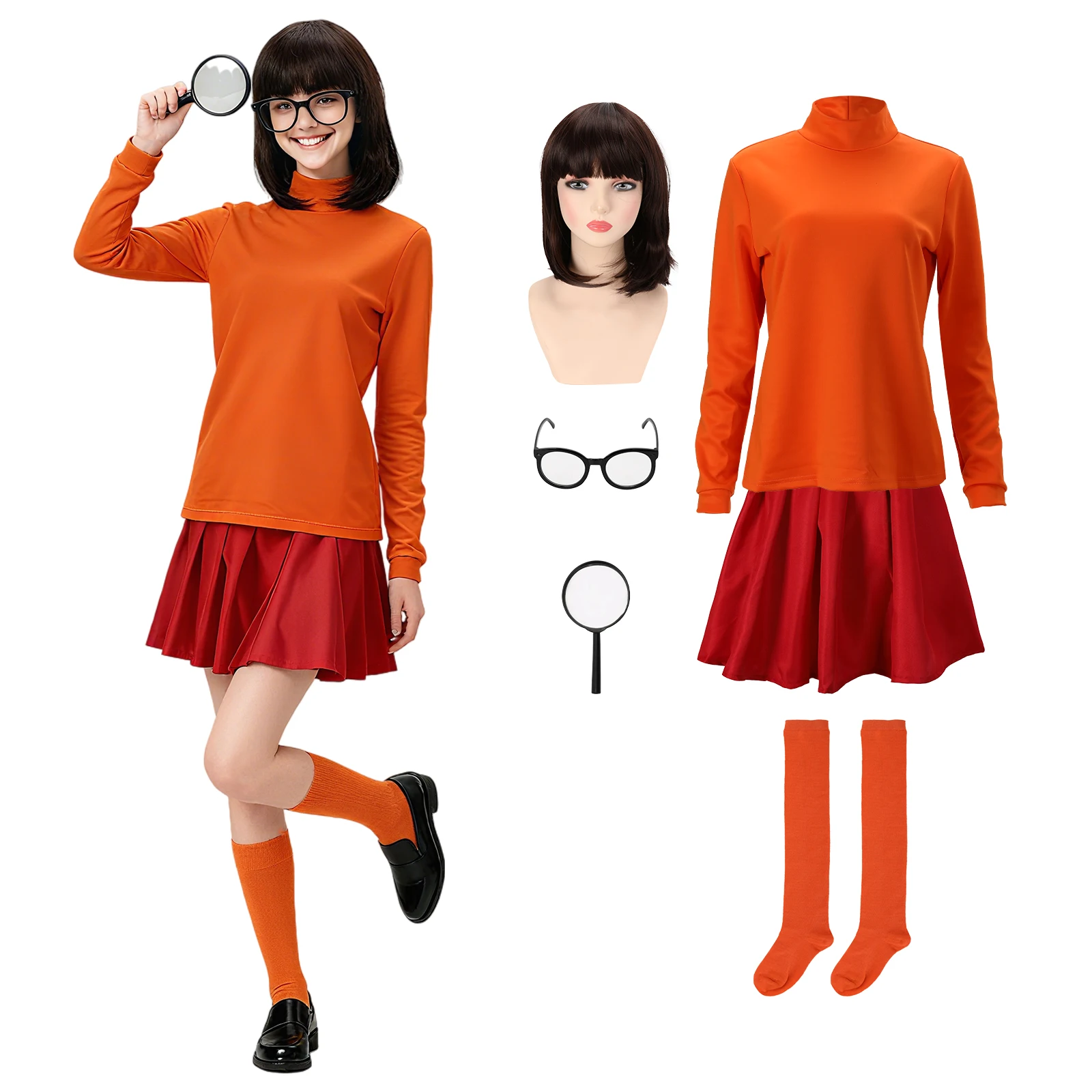 Velma Costume Adult Women Cosplay Outfit Shirt Skirt Glasses Knee Socks Classic Movie Set for Halloween
Velma Costume Adult Women Cosplay Outfit Shirt Skirt Glasses Knee Socks Classic Movie Set for Halloween