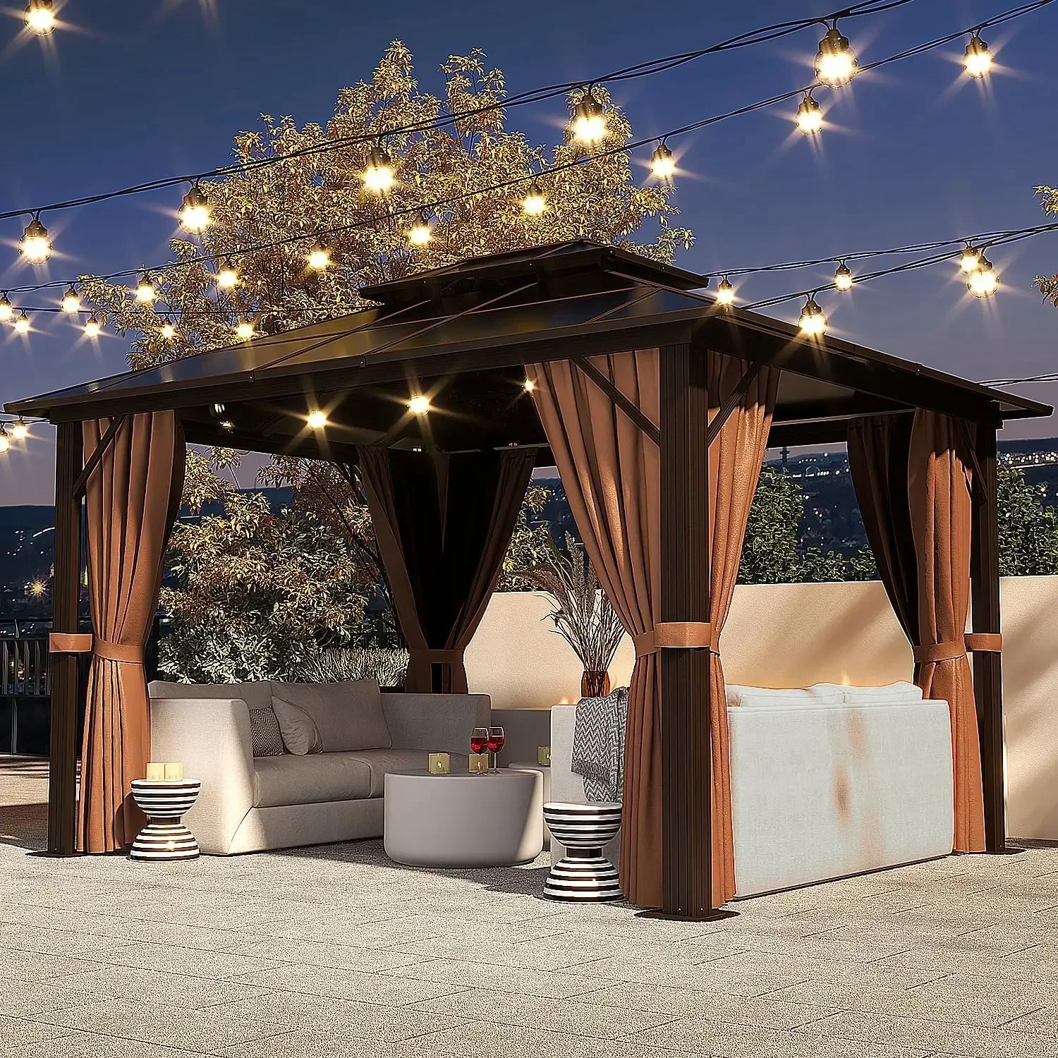 10'x12' Hardtop, Outdoor Polycarbonate Gazebo, Double Roof Gazebo, Aluminum Frame Permanent Pavilion with Netting, Customized
10'x12' Hardtop, Outdoor Polycarbonate Gazebo, Double Roof Gazebo, Aluminum Frame Permanent Pavilion with Netting, Customized
