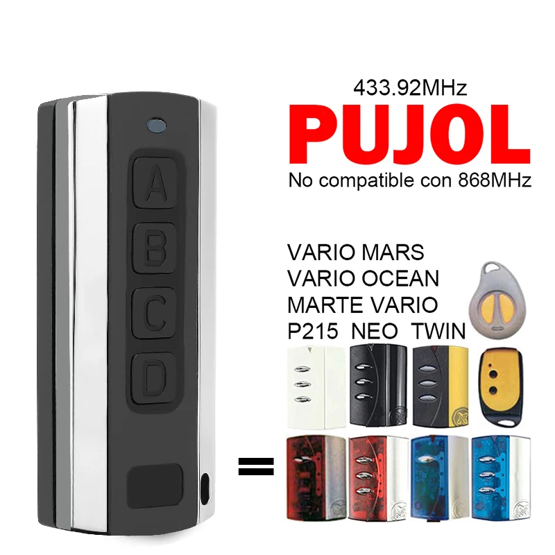 100% совместимый PUJOL VARIO MARS OCEAN MARTE VARIO P215 NEO TWIN 433 МГц пульт дистанционного управления для гаражных ворот, электрическое управление дверью
100% совместимый PUJOL VARIO MARS OCEAN MARTE VARIO P215 NEO TWIN 433 МГц пульт дистанционного управления для гаражных ворот, электрическое управление дверью
