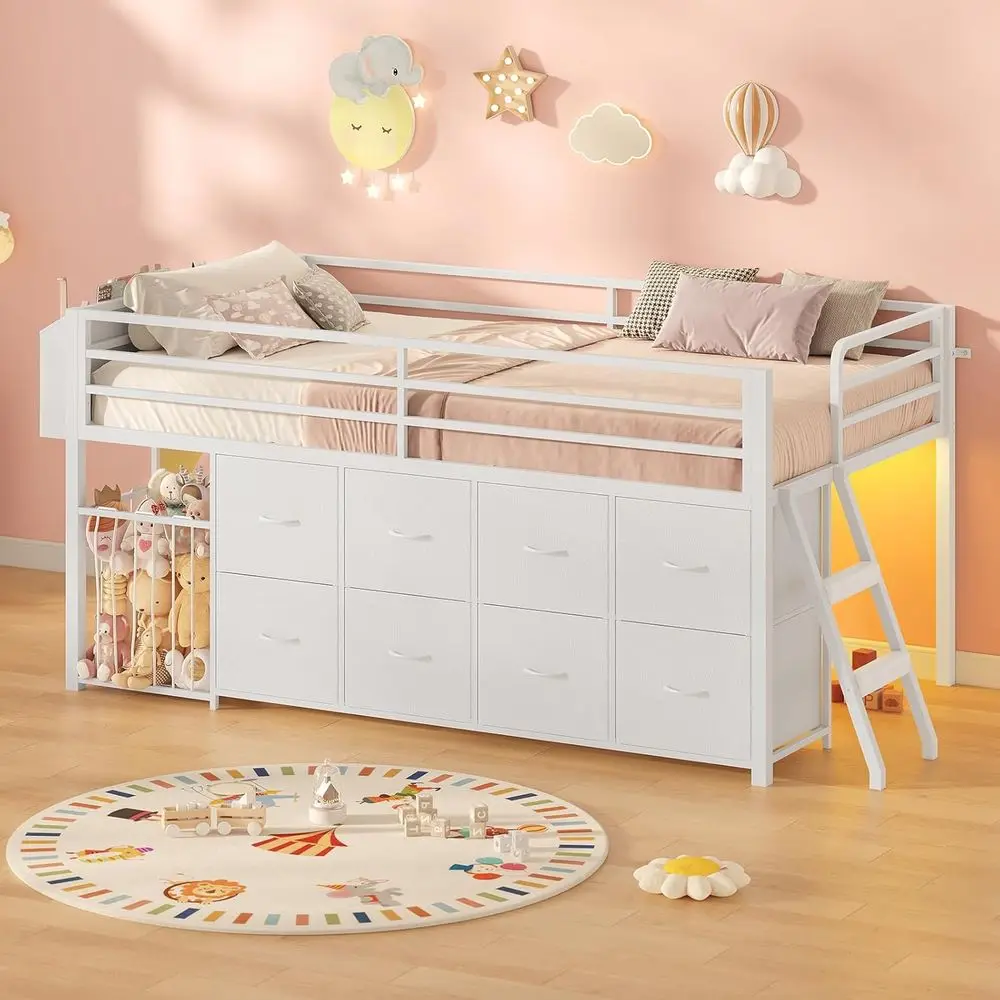 Twin Size Low Loft Bed with RGB Lights & Play Zone, 8 XL Drawers, Kids Play Loft with 2-Step Ladder & Anti-Tip Kit (White)
Twin Size Low Loft Bed with RGB Lights & Play Zone, 8 XL Drawers, Kids Play Loft with 2-Step Ladder & Anti-Tip Kit (White)