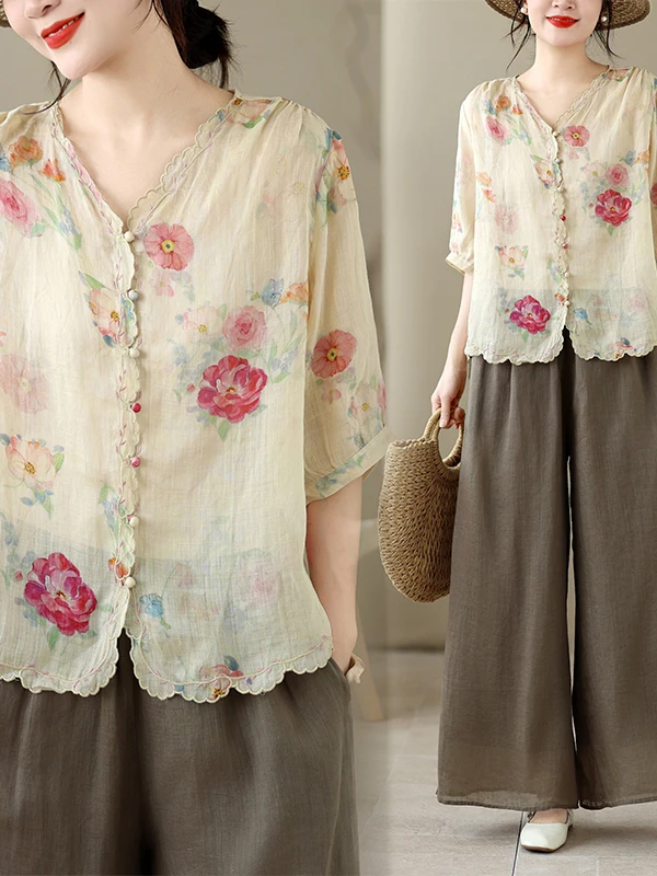 Loose Fit V-Neck Printed Shirt Five-Quarter Sleeve Single Button Korean Japanese Style Casual Top for plus Size Women
Loose Fit V-Neck Printed Shirt Five-Quarter Sleeve Single Button Korean Japanese Style Casual Top for plus Size Women