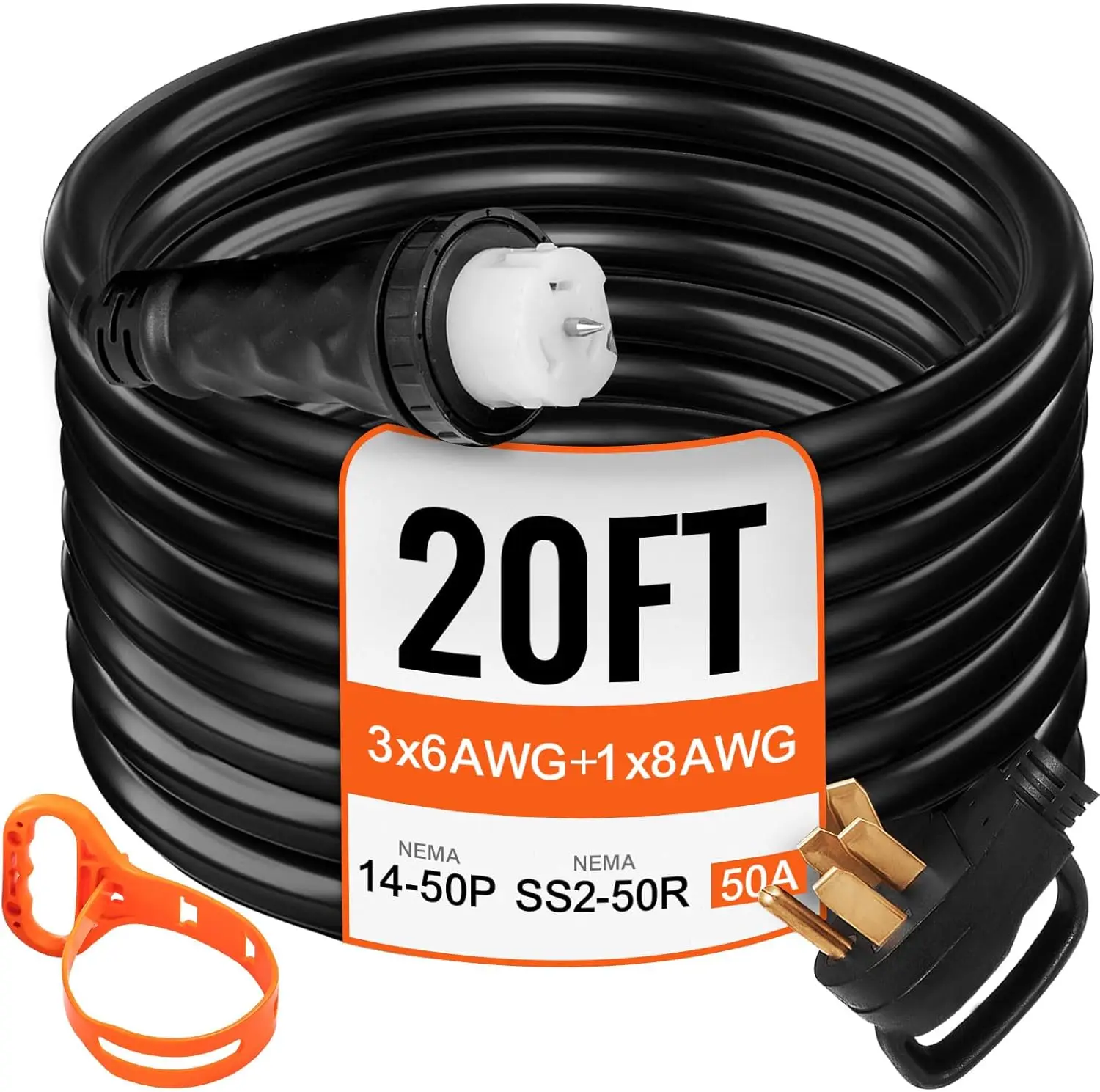 20 ft 50 Amp Generator Extension Cord 50amp, NEMA 14-50P to SS2-50R CS6364, STW 6/3+8/1 AWG 12500W UL Listed Twist Lock Heavy Du
20 ft 50 Amp Generator Extension Cord 50amp, NEMA 14-50P to SS2-50R CS6364, STW 6/3+8/1 AWG 12500W UL Listed Twist Lock Heavy Du