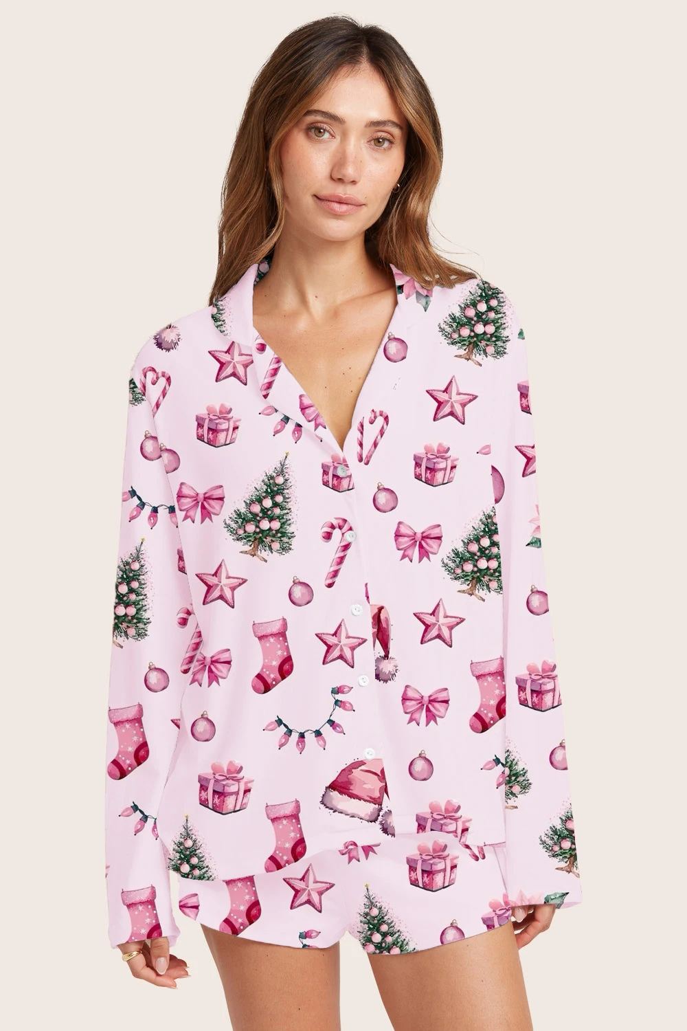 New Womens Christmas Print Pink Pajamas Set Long Sleeve Turn-down Collar Comfortable Tops and Shorts Loungewear Set
New Womens Christmas Print Pink Pajamas Set Long Sleeve Turn-down Collar Comfortable Tops and Shorts Loungewear Set